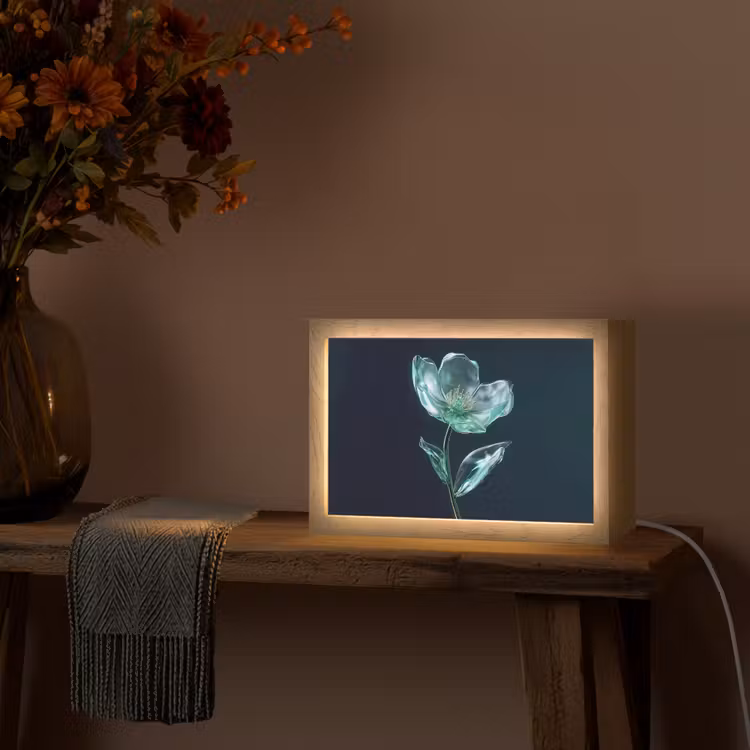 Bladeren - Bloem - Glazen - Donkerblauw Light Box met kabel (Tafellamp) klein -sfeer4