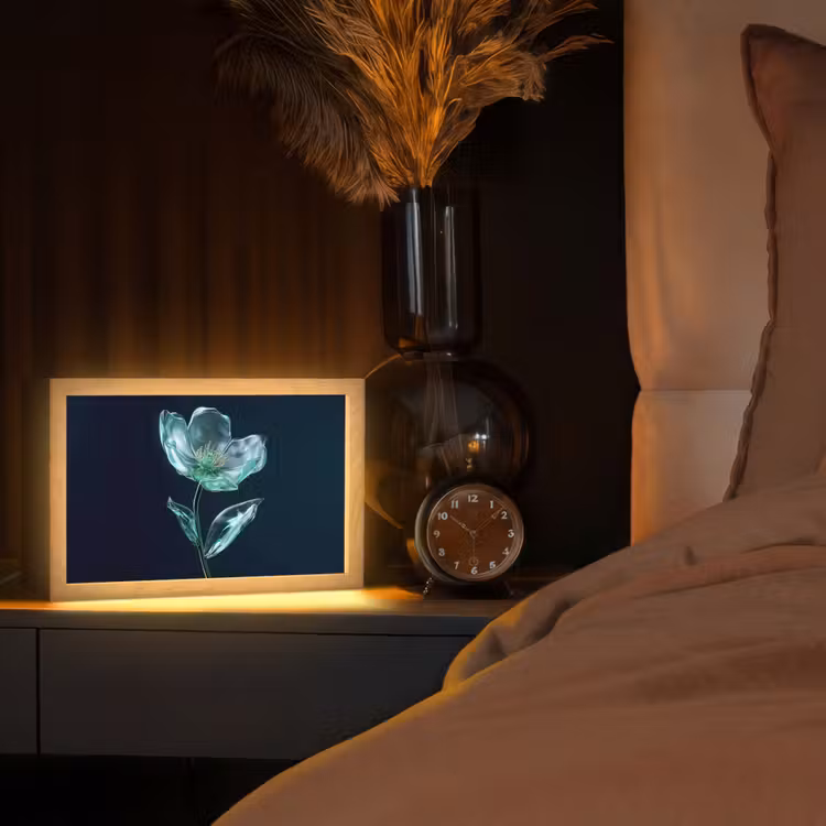 Bladeren - Bloem - Glazen - Donkerblauw Light Box met kabel (Tafellamp) klein -sfeer1