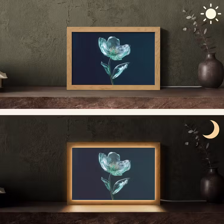 Bladeren - Bloem - Glazen - Donkerblauw Light Box met kabel (Tafellamp) klein -sfeer3