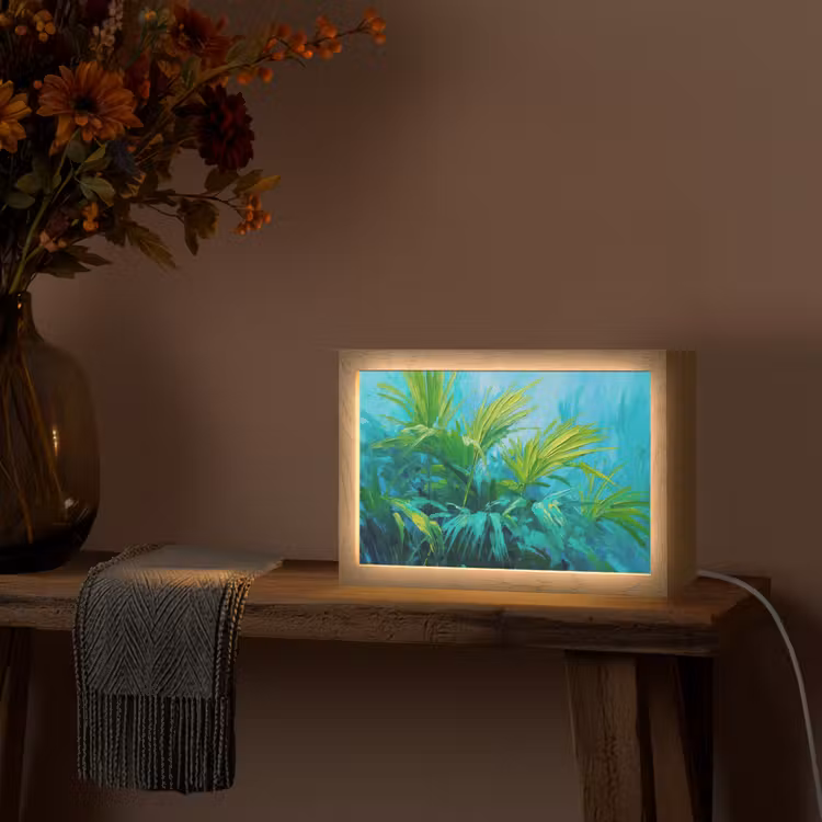 Bladeren - Groen - Schilderij - Abstract Light Box met kabel (Tafellamp) klein -sfeer4