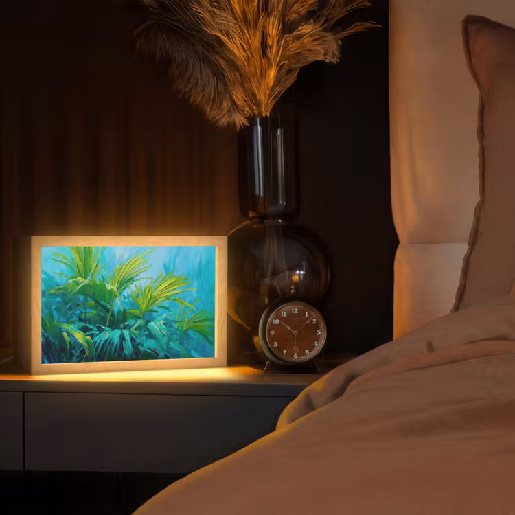 Bladeren - Groen - Schilderij - Abstract Light Box met kabel (Tafellamp) klein -sfeer1