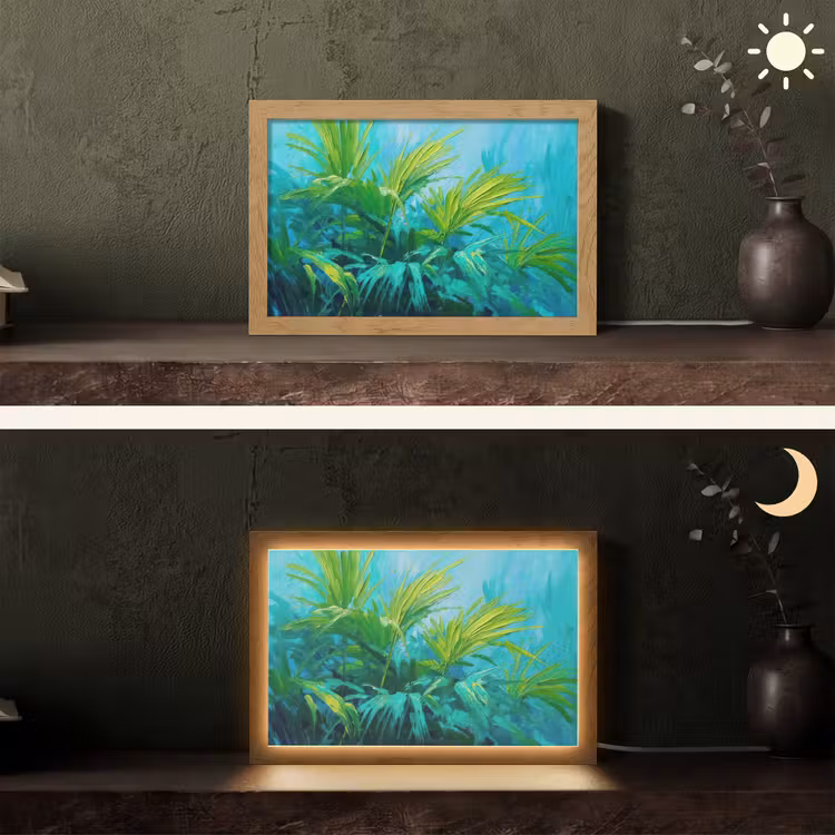Bladeren - Groen - Schilderij - Abstract Light Box met kabel (Tafellamp) klein -sfeer3