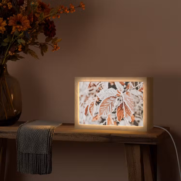 Bladeren - IJs - Winter - Natuur Light Box met kabel (Tafellamp) klein -sfeer4