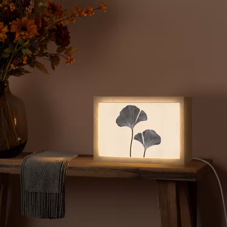 Bladeren - Minimalistisch - Zwart Light Box met kabel (Tafellamp) klein -sfeer4