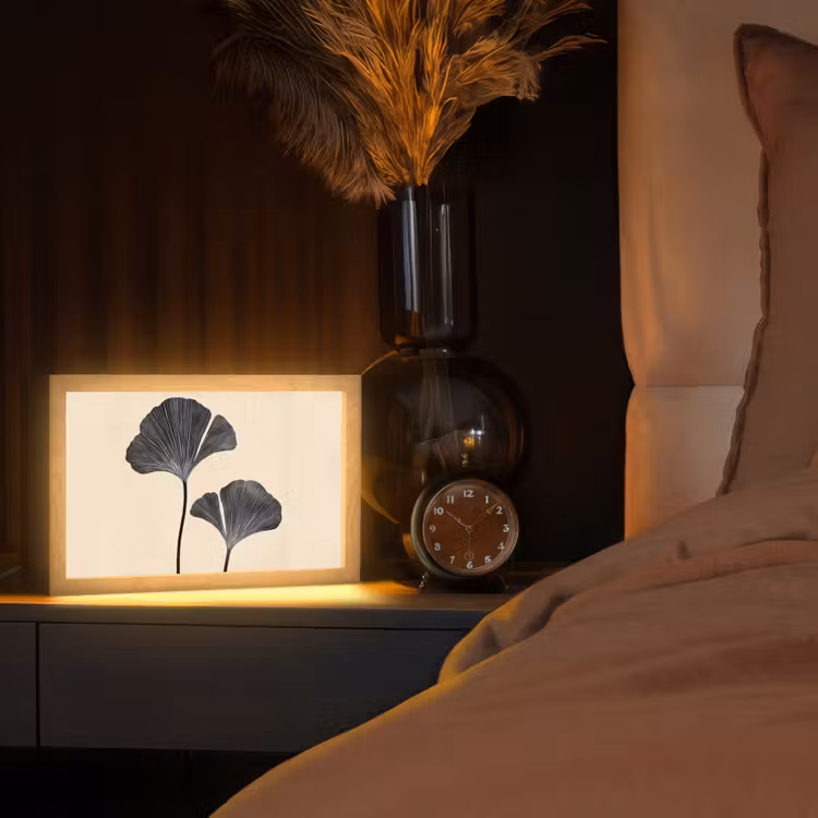 Bladeren - Minimalistisch - Zwart Light Box met kabel (Tafellamp) klein -sfeer1