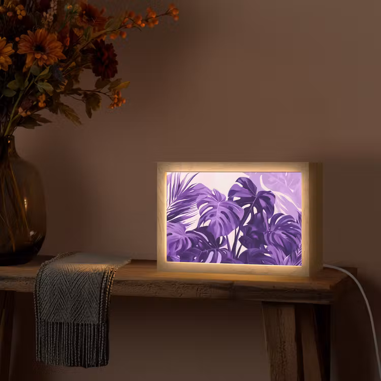 Bladeren - Paars - Tropisch - Abstract Light Box met kabel (Tafellamp) klein -sfeer4