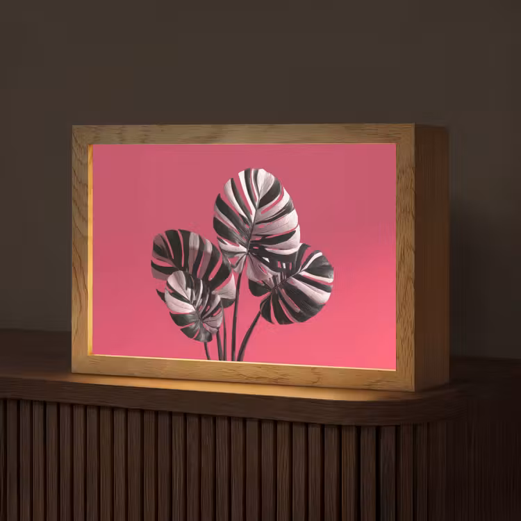 Bladeren - Rond - Roze Light Box met kabel (Tafellamp) klein -z3d_website