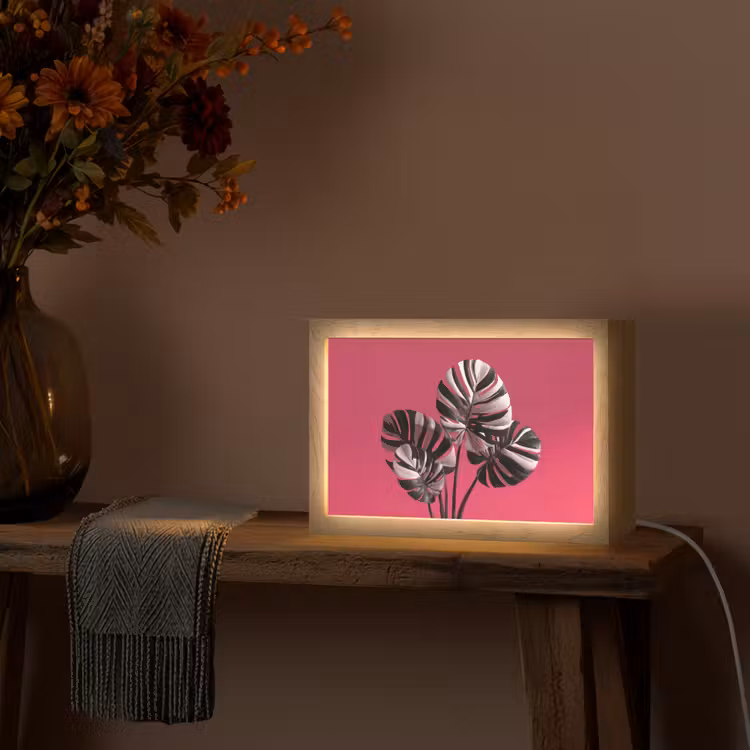 Bladeren - Rond - Roze Light Box met kabel (Tafellamp) klein -sfeer4
