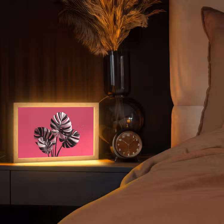 Bladeren - Rond - Roze Light Box met kabel (Tafellamp) klein -sfeer1