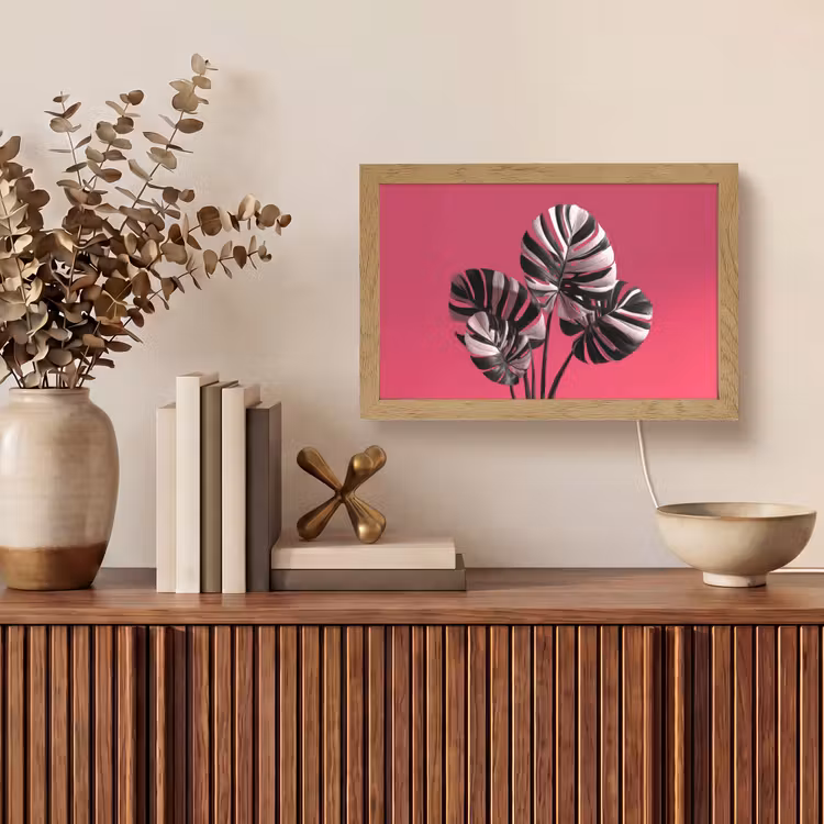 Bladeren - Rond - Roze Light Box met kabel (Tafellamp) klein -sfeer2
