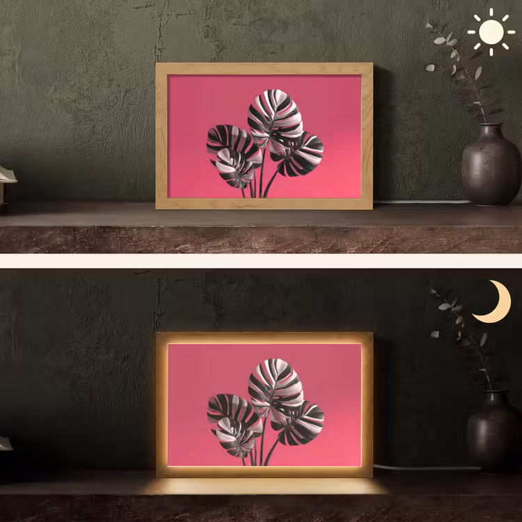 Bladeren - Rond - Roze Light Box met kabel (Tafellamp) klein -sfeer3
