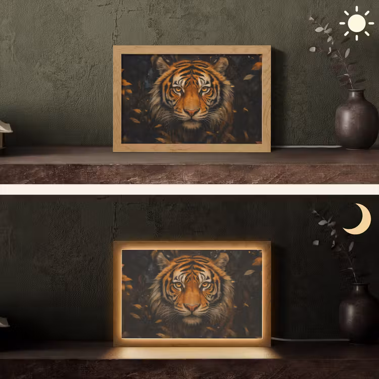 Bladeren - Tijger - Oranje Light Box met kabel (Tafellamp) klein -sfeer3