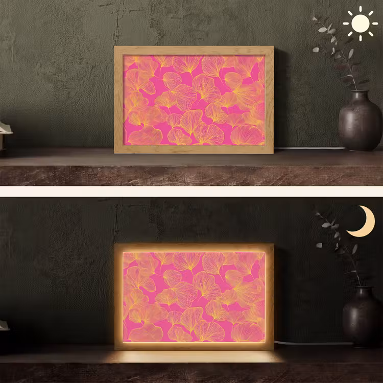 Bladeren - Nerven - Grafisch - Roze Light Box met kabel (Tafellamp) klein -sfeer3