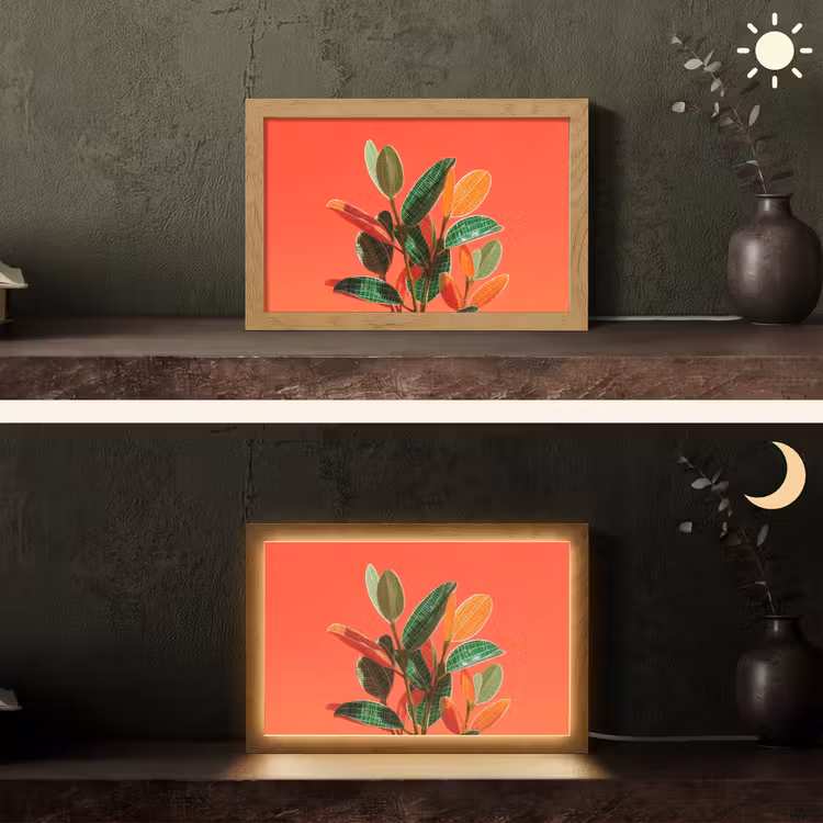 Bladeren - Nerven - Oranje - Structuur Light Box met kabel (Tafellamp) klein -sfeer3