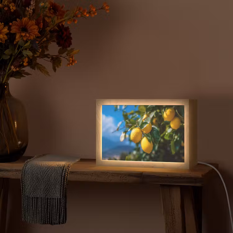 Citroenen - Bladeren - Blauwe lucht Light Box met kabel (Tafellamp) klein -sfeer4