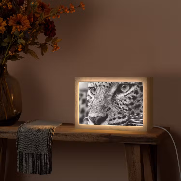 Luipaard - Zwart - Wit - Oog Light Box met kabel (Tafellamp) klein -sfeer4