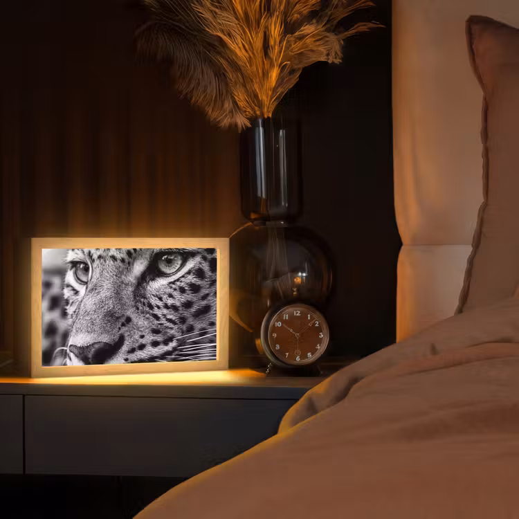 Luipaard - Zwart - Wit - Oog Light Box met kabel (Tafellamp) klein -sfeer1