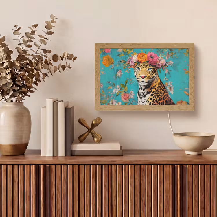 Luipaard - Bloemen - Kroon Light Box met kabel (Tafellamp) klein -sfeer2