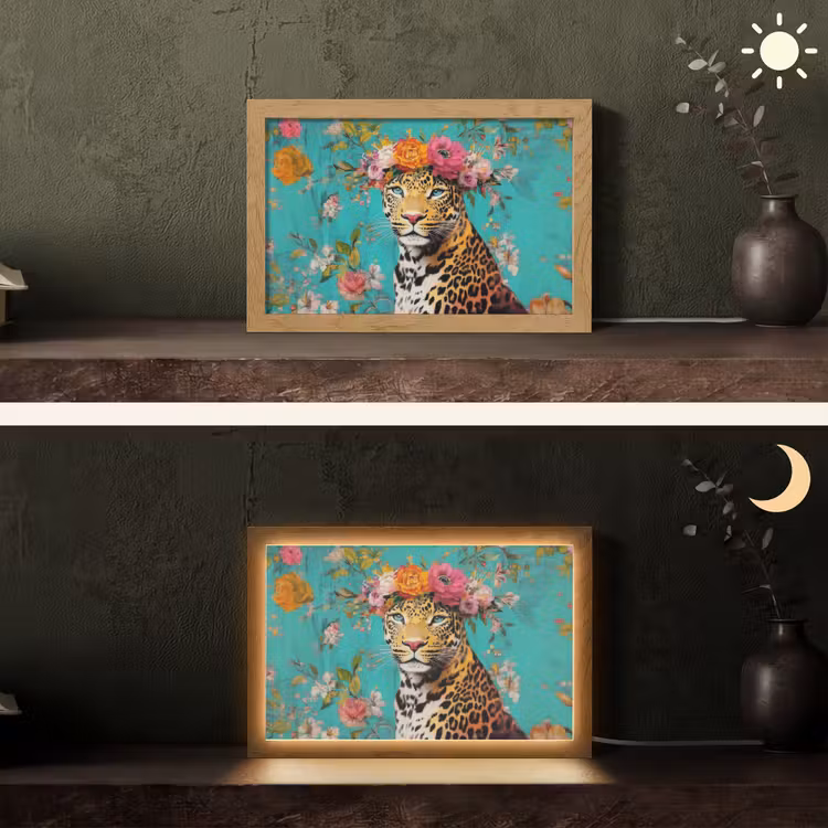 Luipaard - Bloemen - Kroon Light Box met kabel (Tafellamp) klein -sfeer3