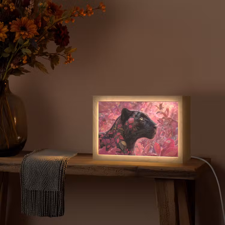 Luipaard - Bloemen - Roze Light Box met kabel (Tafellamp) klein -sfeer4