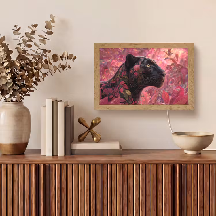 Luipaard - Bloemen - Roze Light Box met kabel (Tafellamp) klein -sfeer2
