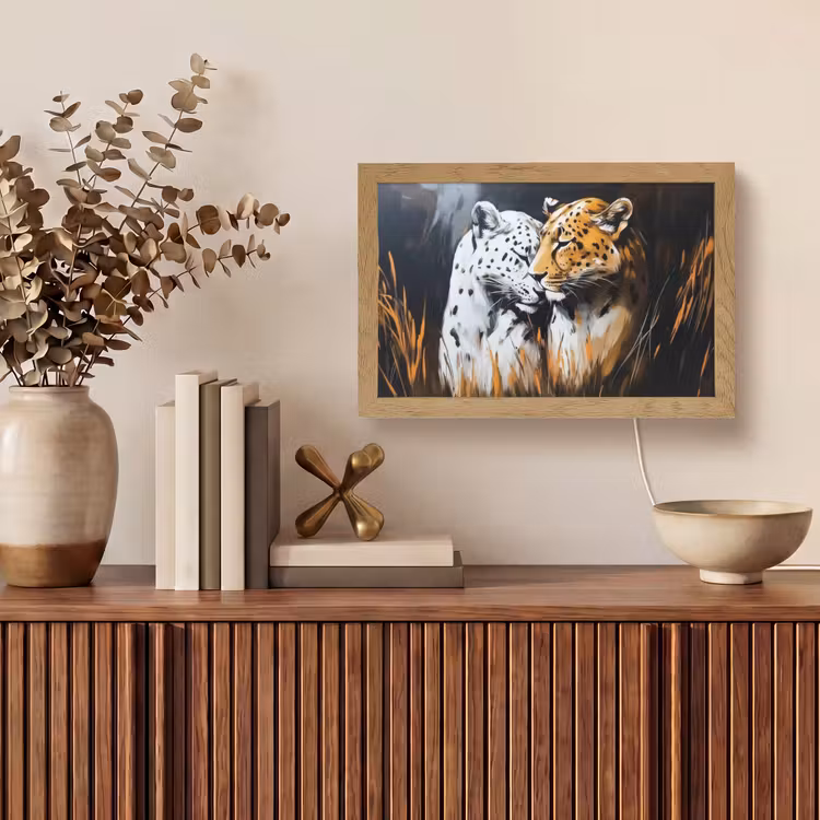 Luipaard - Oranje - Wit - Gras Light Box met kabel (Tafellamp) klein -sfeer2