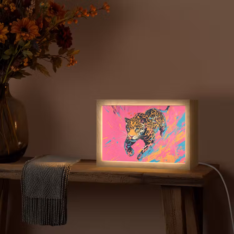 Luipaard - Roze - Oranje - Blauw - Verf Light Box met kabel (Tafellamp) klein -sfeer4