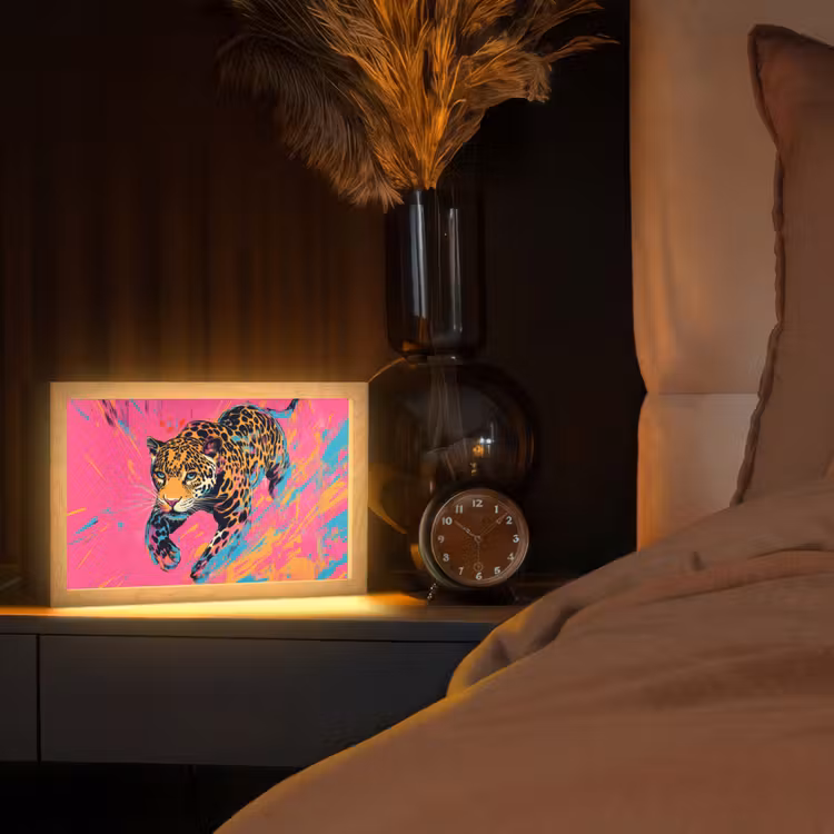 Luipaard - Roze - Oranje - Blauw - Verf Light Box met kabel (Tafellamp) klein -sfeer1