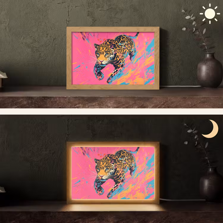 Luipaard - Roze - Oranje - Blauw - Verf Light Box met kabel (Tafellamp) klein -sfeer3