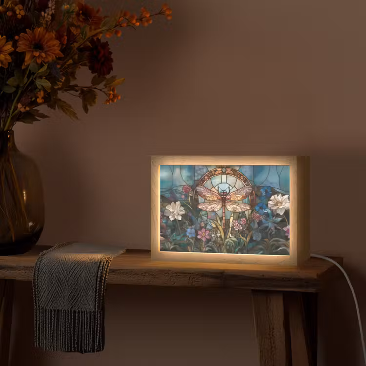 Libelle - Mozaïek - Bloemen - Kleurrijk Light Box met kabel (Tafellamp) klein -sfeer4