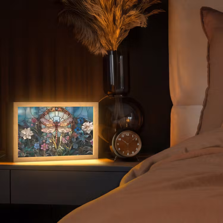 Libelle - Mozaïek - Bloemen - Kleurrijk Light Box met kabel (Tafellamp) klein -sfeer1