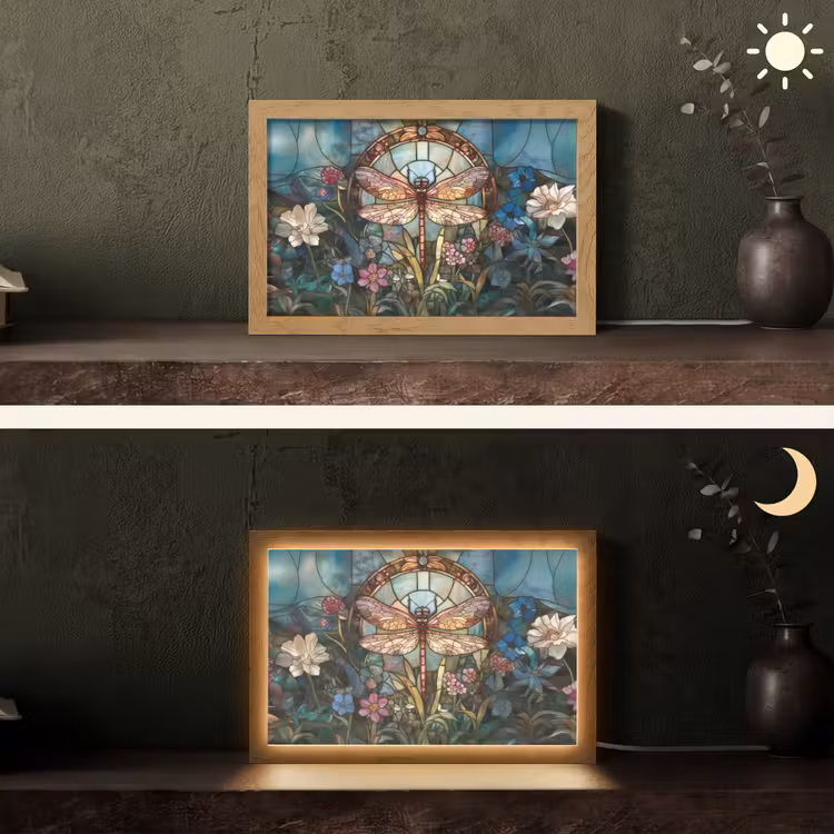 Libelle - Mozaïek - Bloemen - Kleurrijk Light Box met kabel (Tafellamp) klein -sfeer3