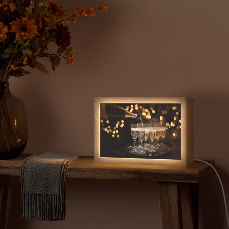 Lichtjes - Champagne - Dienblad - Glazen Light Box met kabel (Tafellamp) klein -sfeer4