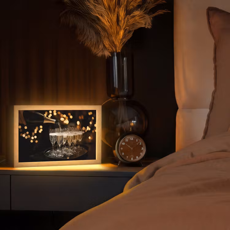 Lichtjes - Champagne - Dienblad - Glazen Light Box met kabel (Tafellamp) klein -sfeer1