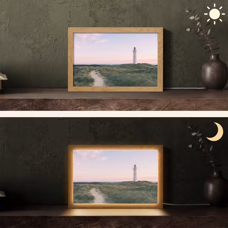 Vuurtoren - Duinlandschap - Zee Light Box met kabel (Tafellamp) klein -sfeer3
