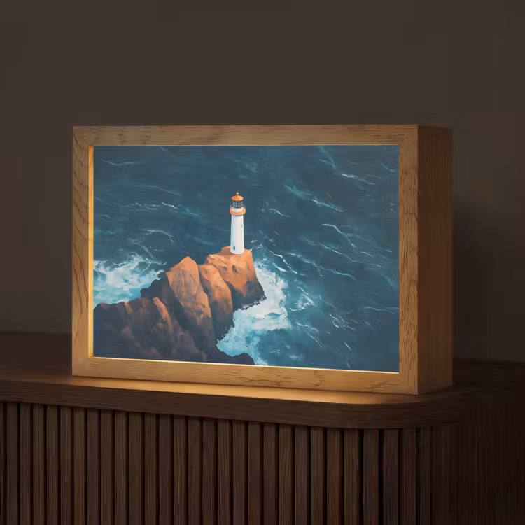 Vuurtoren - Rots - Zee - Golven Light Box met kabel (Tafellamp) klein -z3d_website