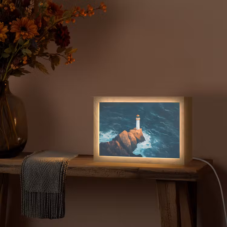 Vuurtoren - Rots - Zee - Golven Light Box met kabel (Tafellamp) klein -sfeer4