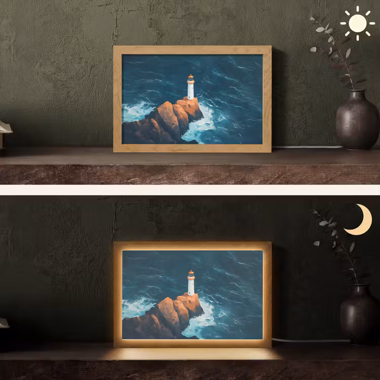 Vuurtoren - Rots - Zee - Golven Light Box met kabel (Tafellamp) klein -sfeer3