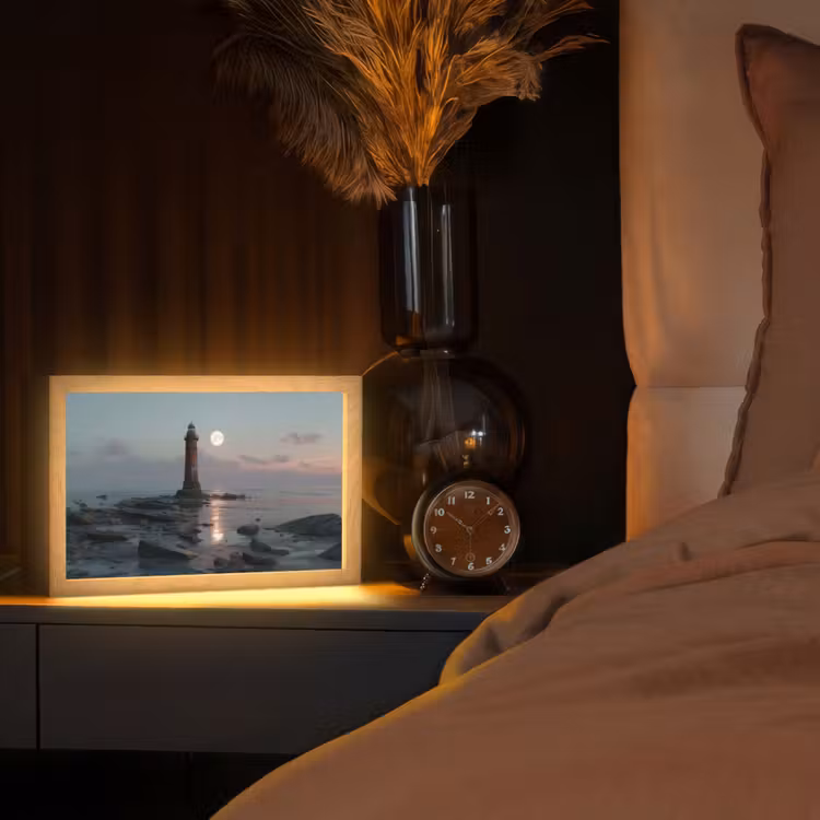 Vuurtoren - Stenen - Water - Maan Light Box met kabel (Tafellamp) klein -sfeer1
