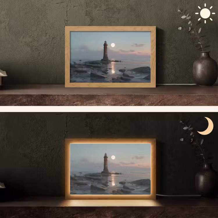 Vuurtoren - Stenen - Water - Maan Light Box met kabel (Tafellamp) klein -sfeer3