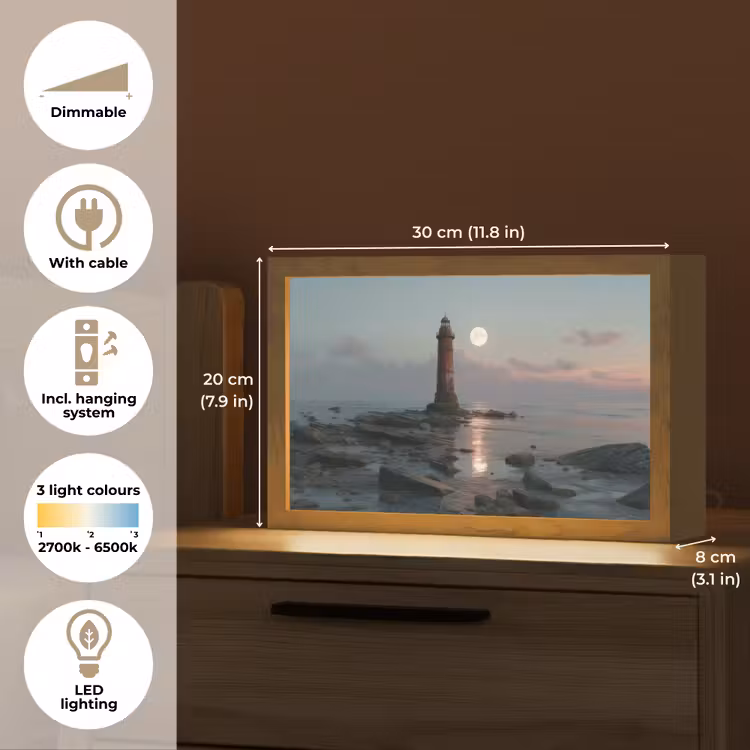 Vuurtoren - Stenen - Water - Maan Light Box met kabel (Tafellamp) klein -USP_EN
