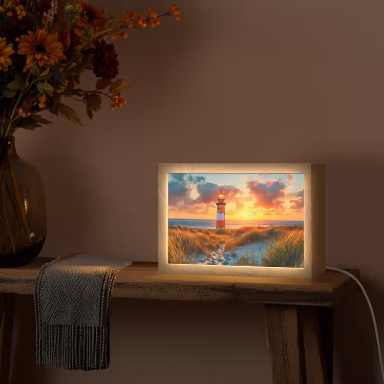 Vuurtoren - Zonsondergang - Duinen - Horizon Light Box met kabel (Tafellamp) klein -sfeer4