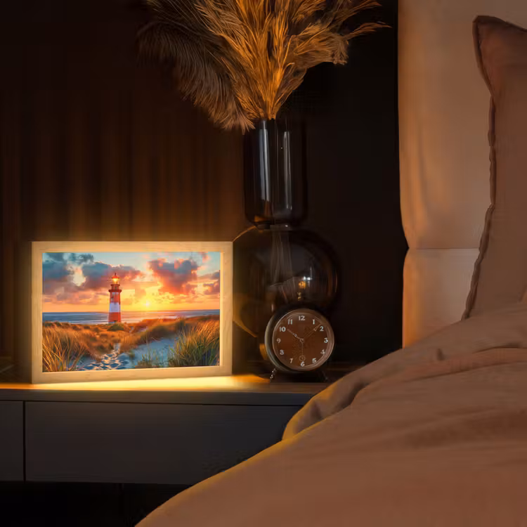 Vuurtoren - Zonsondergang - Duinen - Horizon Light Box met kabel (Tafellamp) klein -sfeer1