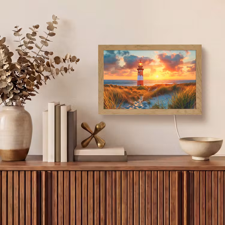 Vuurtoren - Zonsondergang - Duinen - Horizon Light Box met kabel (Tafellamp) klein -sfeer2