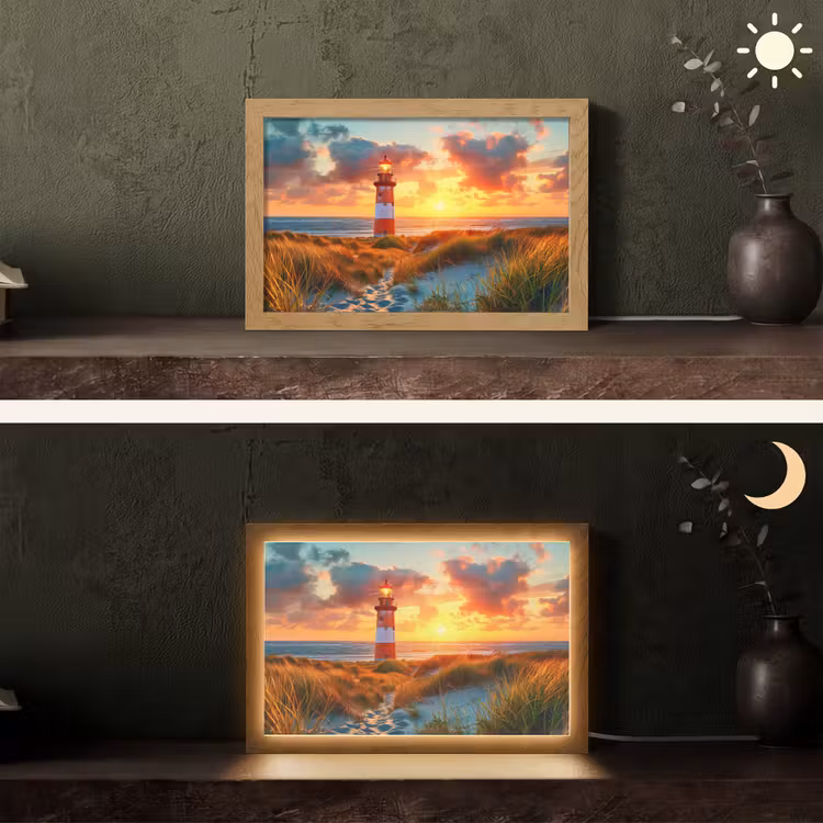 Vuurtoren - Zonsondergang - Duinen - Horizon Light Box met kabel (Tafellamp) klein -sfeer3