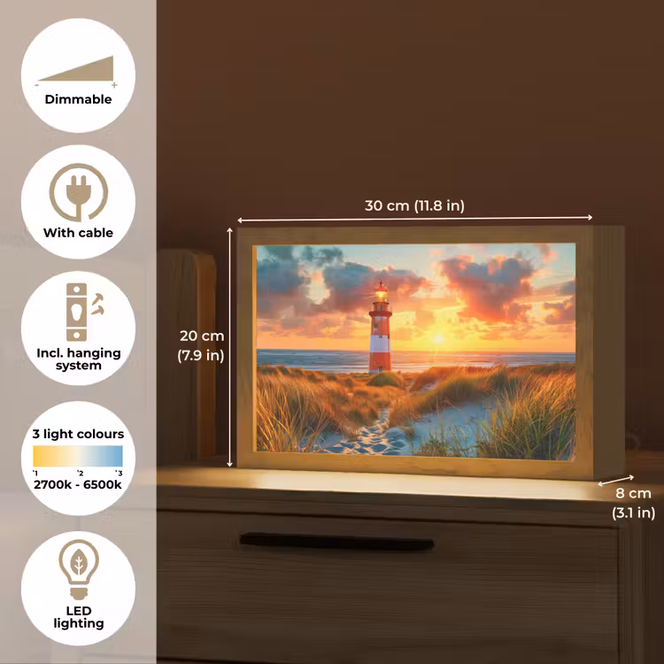Vuurtoren - Zonsondergang - Duinen - Horizon Light Box met kabel (Tafellamp) klein -USP_EN