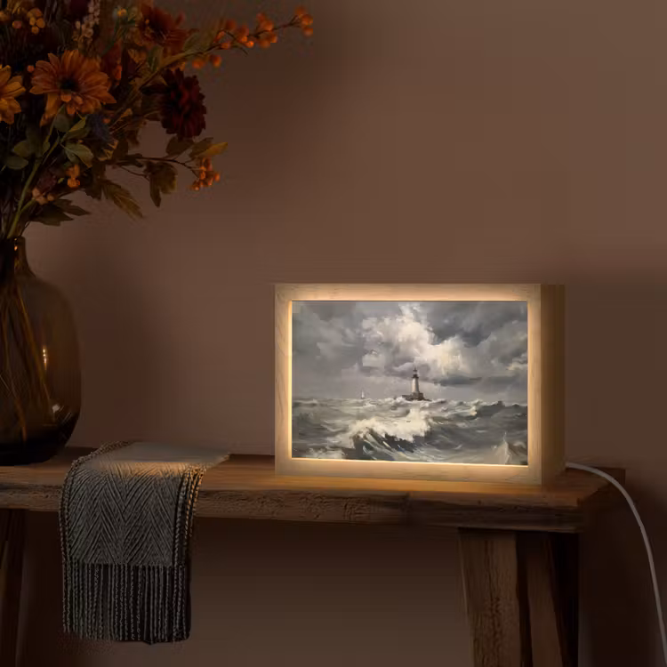 Vuurtoren - Golven - Storm Light Box met kabel (Tafellamp) klein -sfeer4