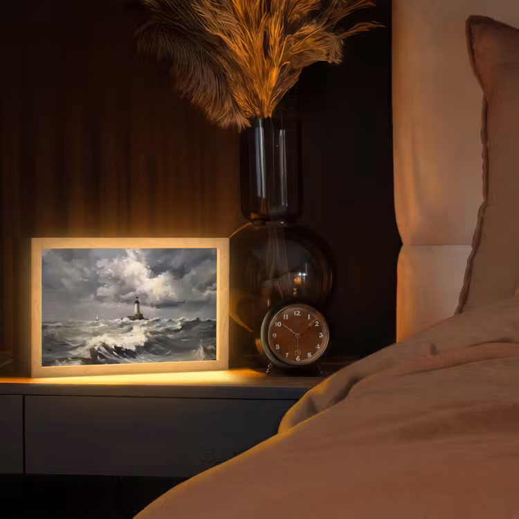 Vuurtoren - Golven - Storm Light Box met kabel (Tafellamp) klein -sfeer1