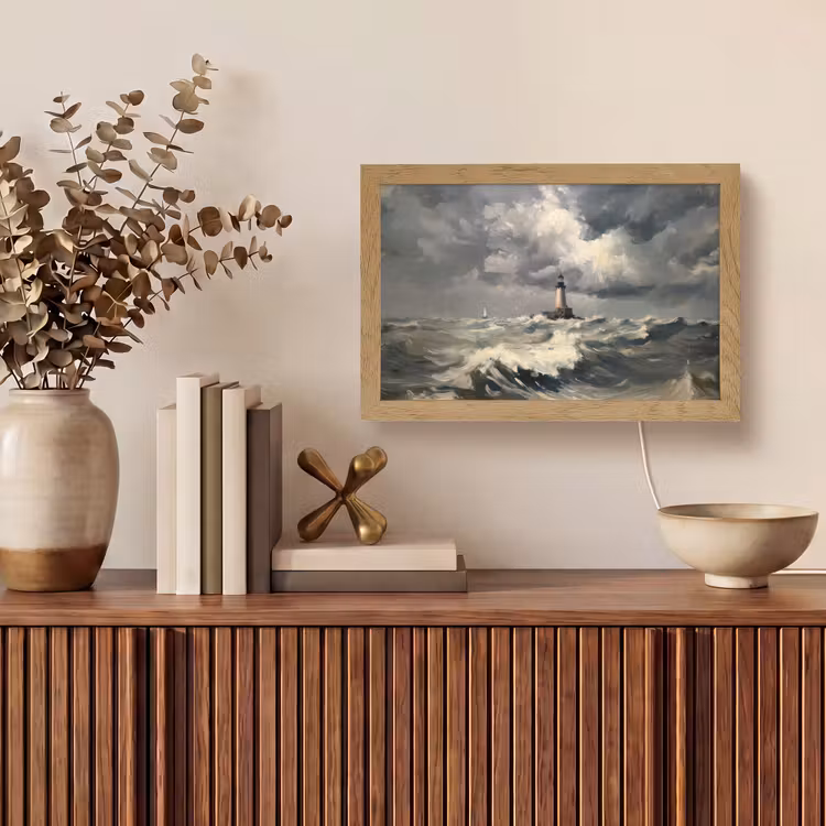 Vuurtoren - Golven - Storm Light Box met kabel (Tafellamp) klein -sfeer2
