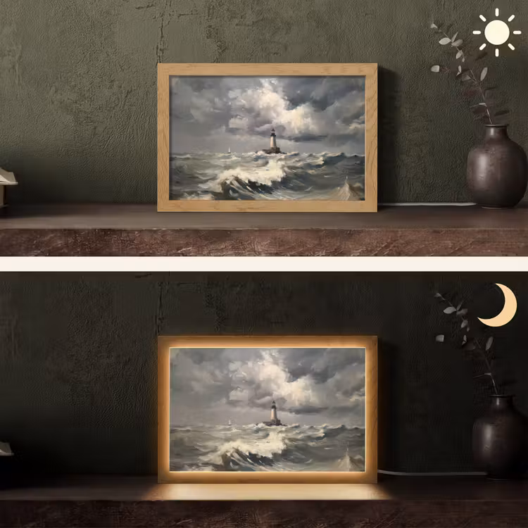 Vuurtoren - Golven - Storm Light Box met kabel (Tafellamp) klein -sfeer3